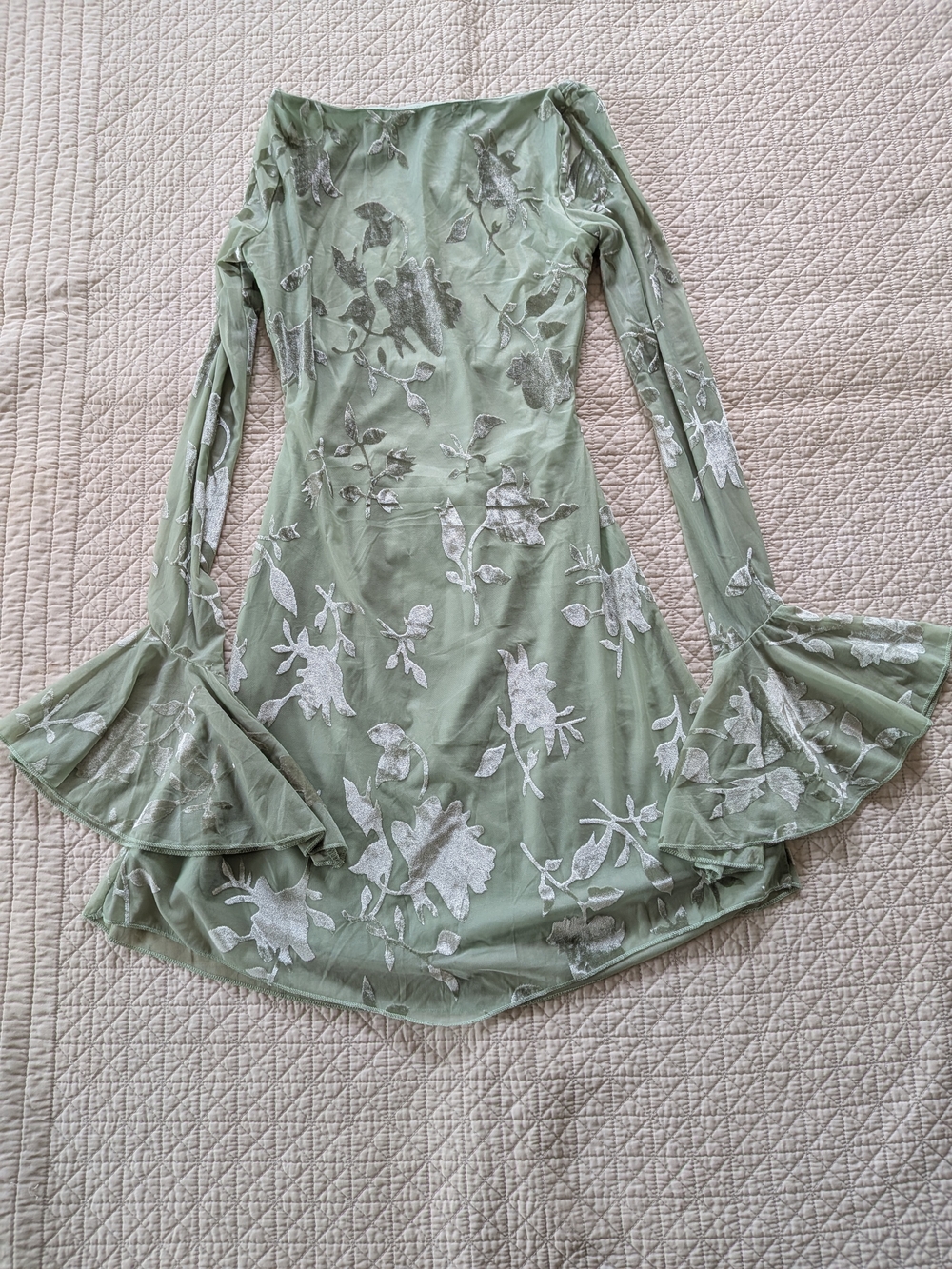 Hello Molly Sage Green Floral Long Sleeve Dress with Flared Cuffs